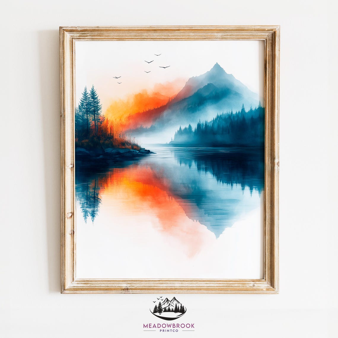 Misty Mountain Lake Sunrise Orange Reflection Moody Watercolor Print