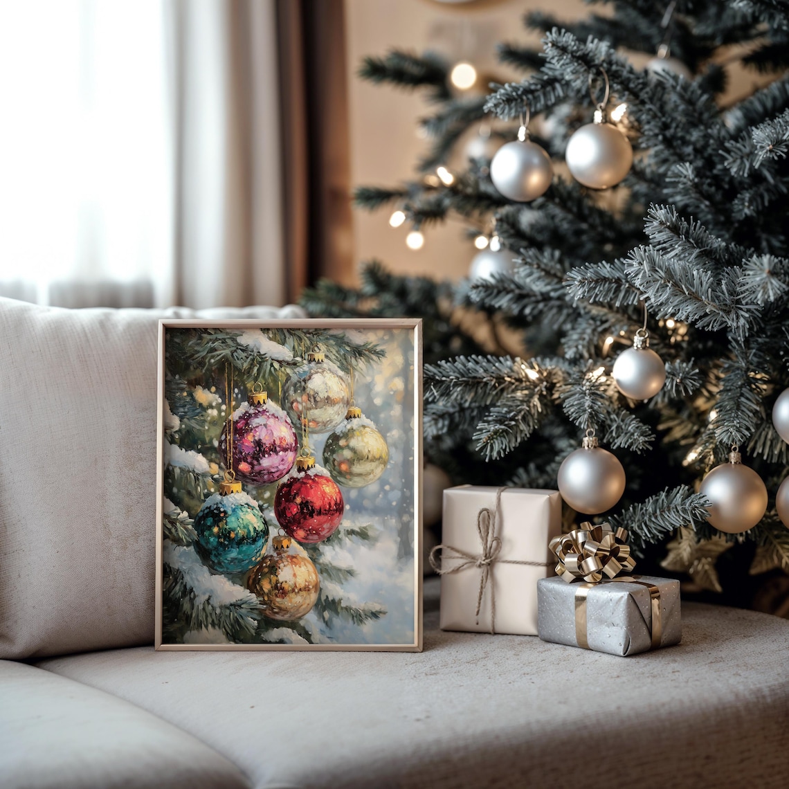 Christmas Ornaments On Snowy Tree Branch, Vintage - Image 2