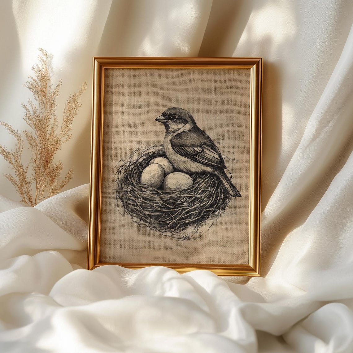 Sparrow On Nest With Eggs Pencil Sketch Rustic Bird Art Print Poster - Image 3