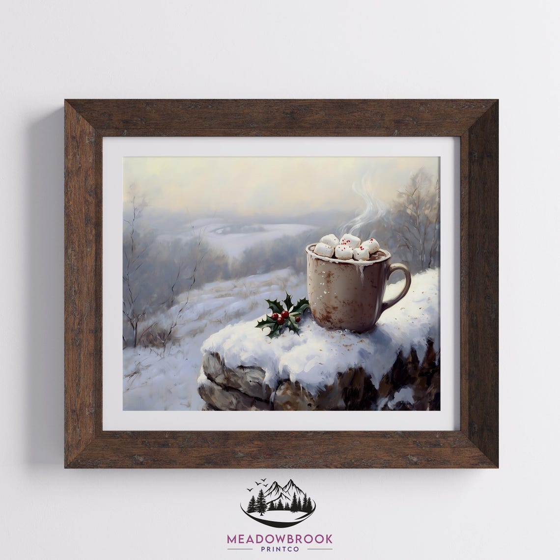 Hot Cocoa Marshmallow Mug On Snowy Rock With Holly Winter Scene Poster - Image 2