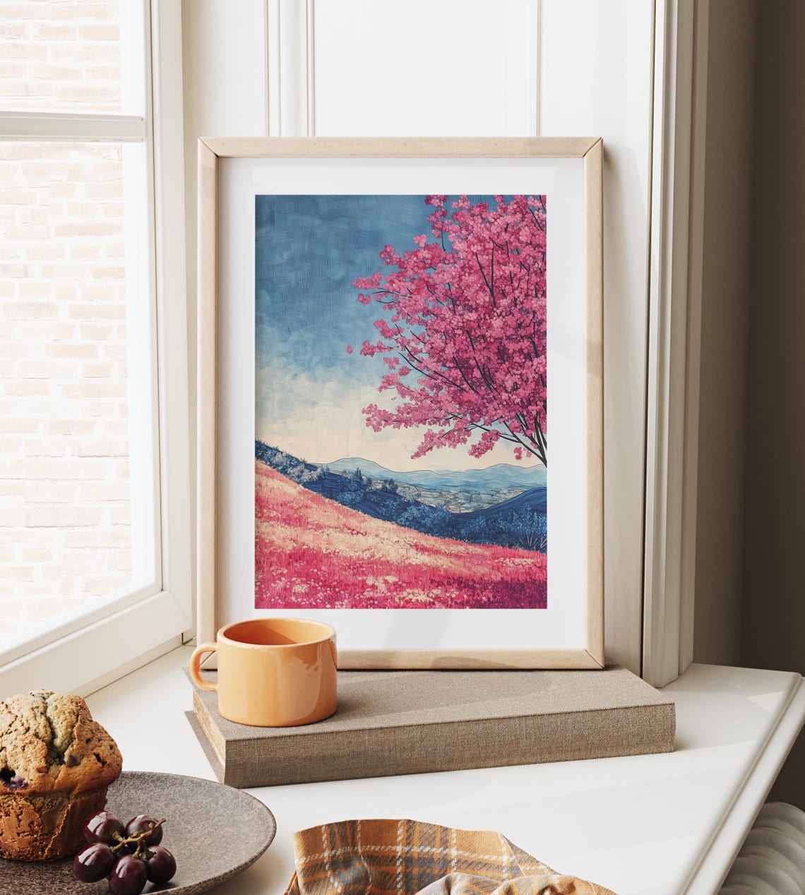 Pink Cherry Blossom Tree Over Flower Field Blue Mountains Poster - Image 3