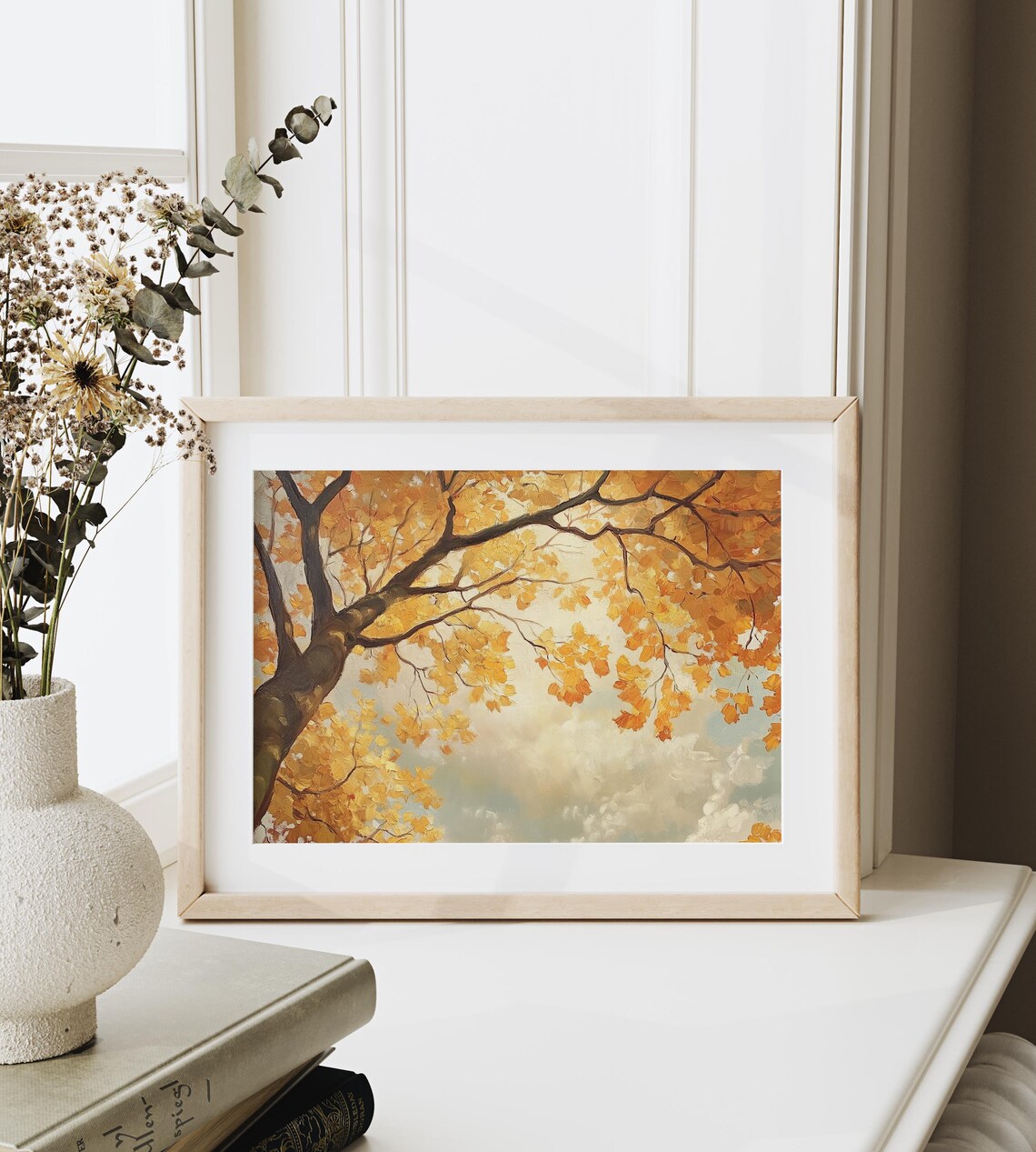 Golden Autumn Maple Canopy Sunlit Leaves Against Cloudy Sky Wall Art - Image 3