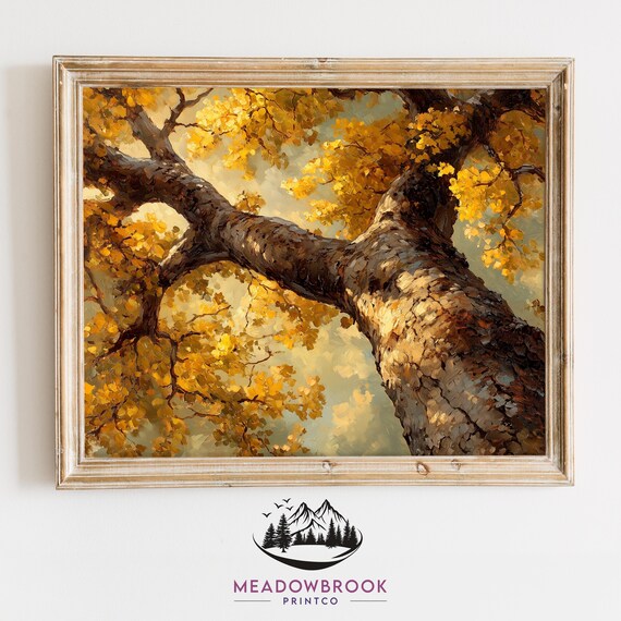 Elm Tree In Autumn Canopy View Rustic Fall Landscape Earthy Nature Wall Art Cottagecore Oil Painting Moody Autumn Decor 218