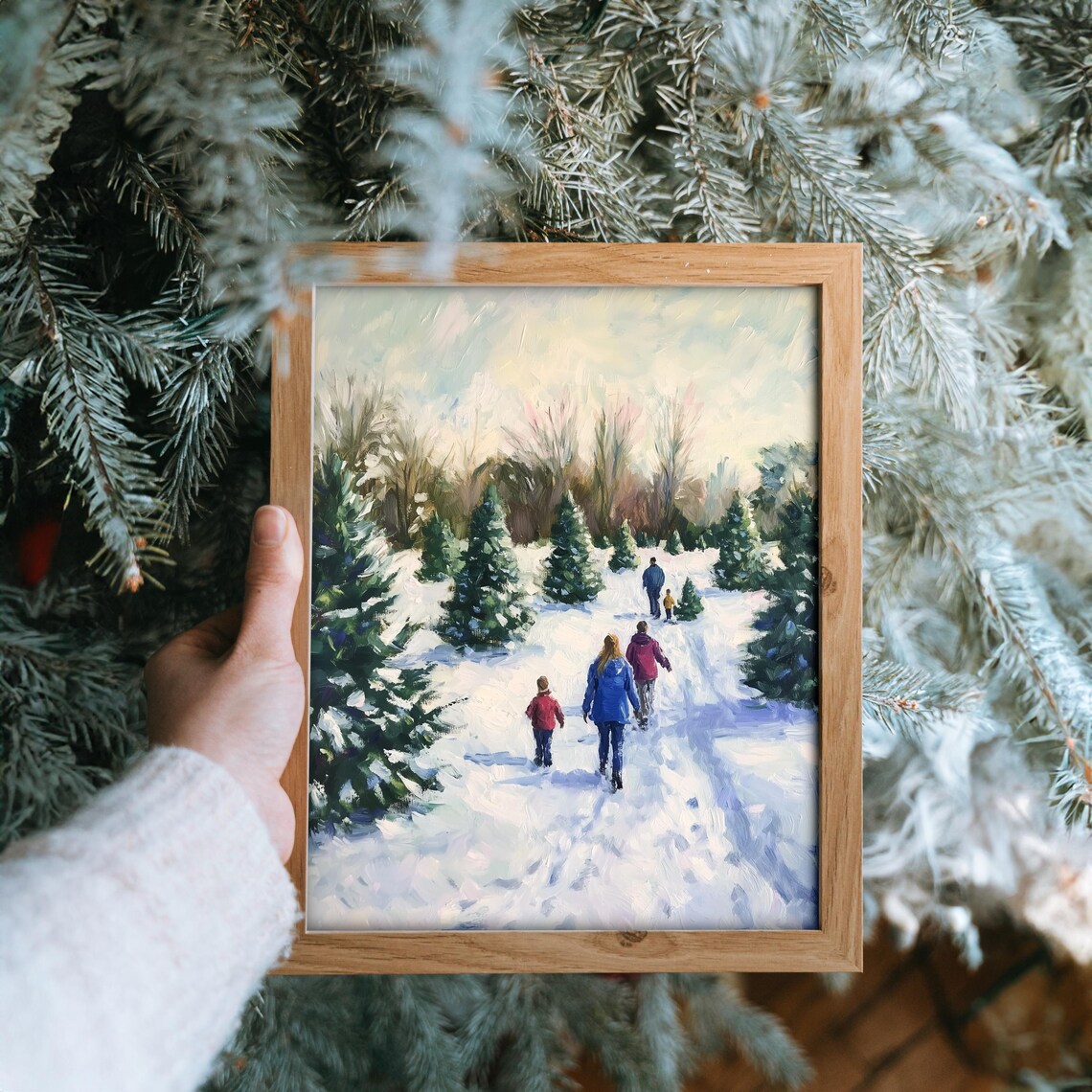 Family Walking Through Snowy Christmas Tree Farm Winter Holiday Print - Image 3