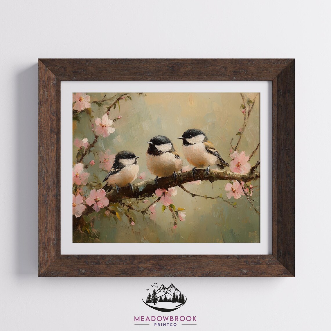 Chickadees on Cherry Branch Art Print, Cottagecore - Image 2