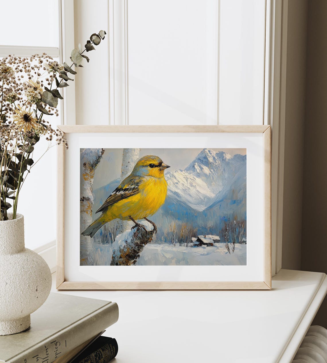 Siskin On Frosted Birch Branch Snowy Mountain Peak Winter Poster - Image 3
