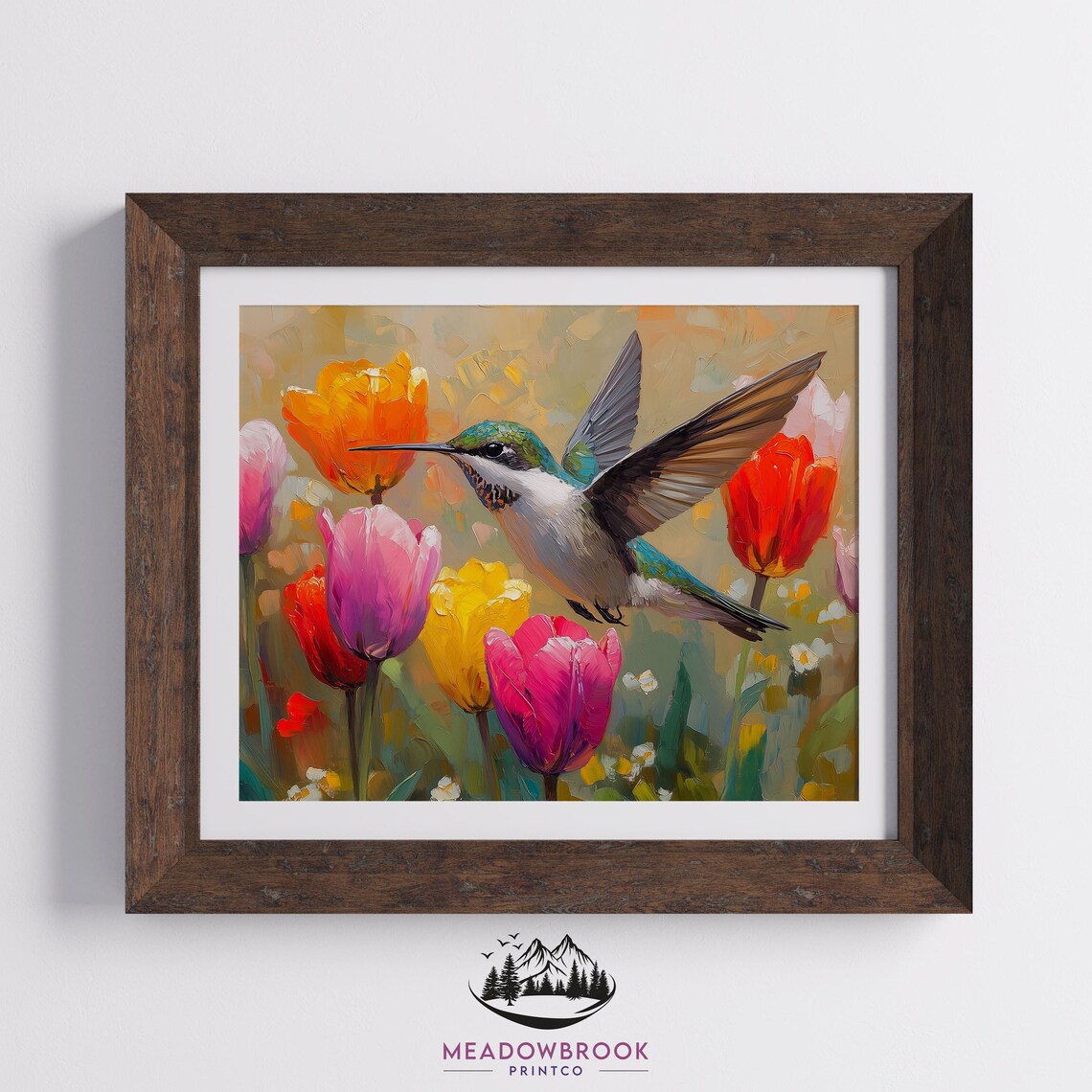 Hummingbird In Flight Among Colorful Tulips Impasto Spring Art Poster - Image 2