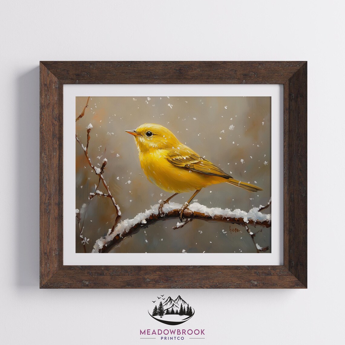 Yellow Warbler Bird on Frosty Snow Covered Winter Branch Bird Poster - Image 2