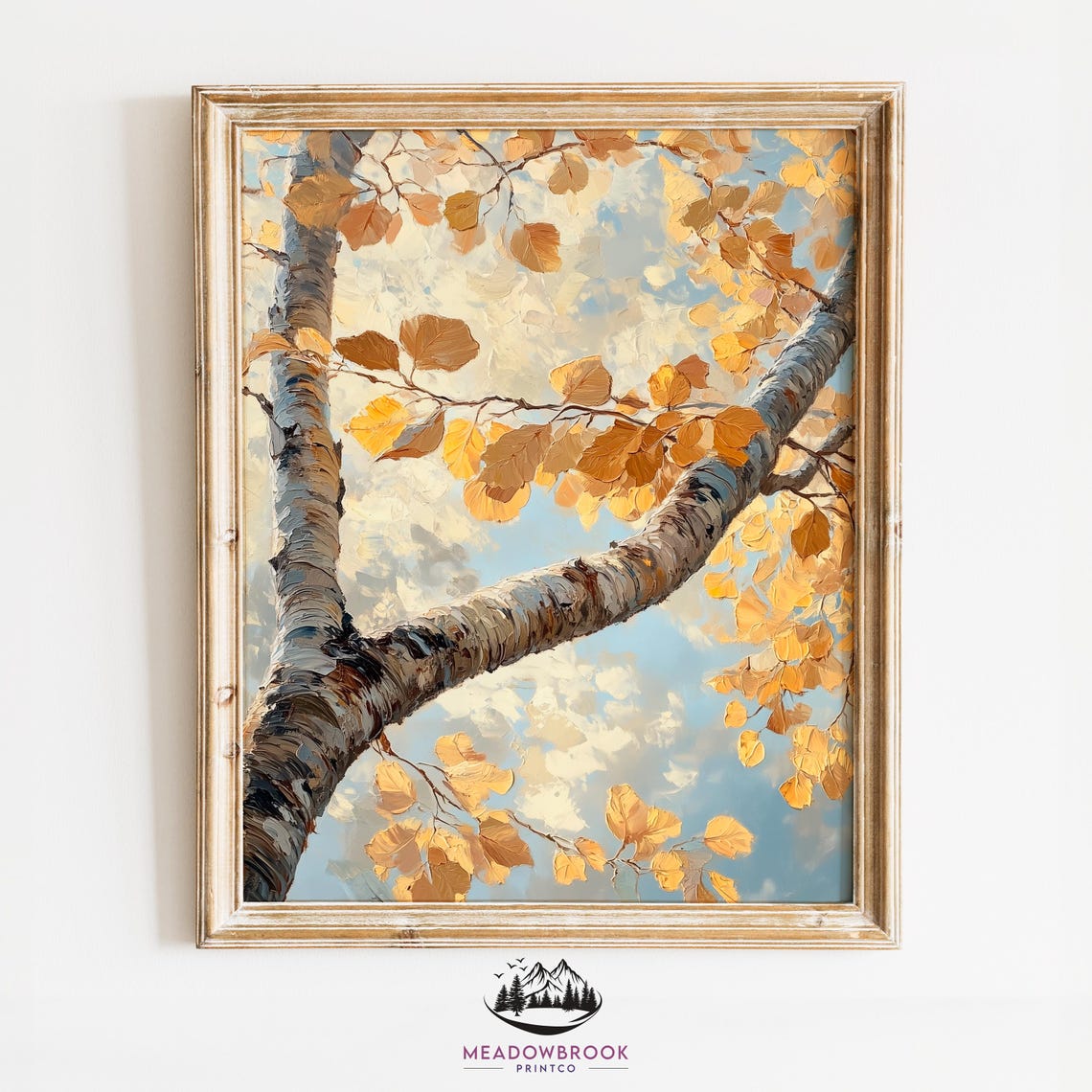 Golden Autumn Birch Branches Against Soft Blue Sky Nature Wall Art