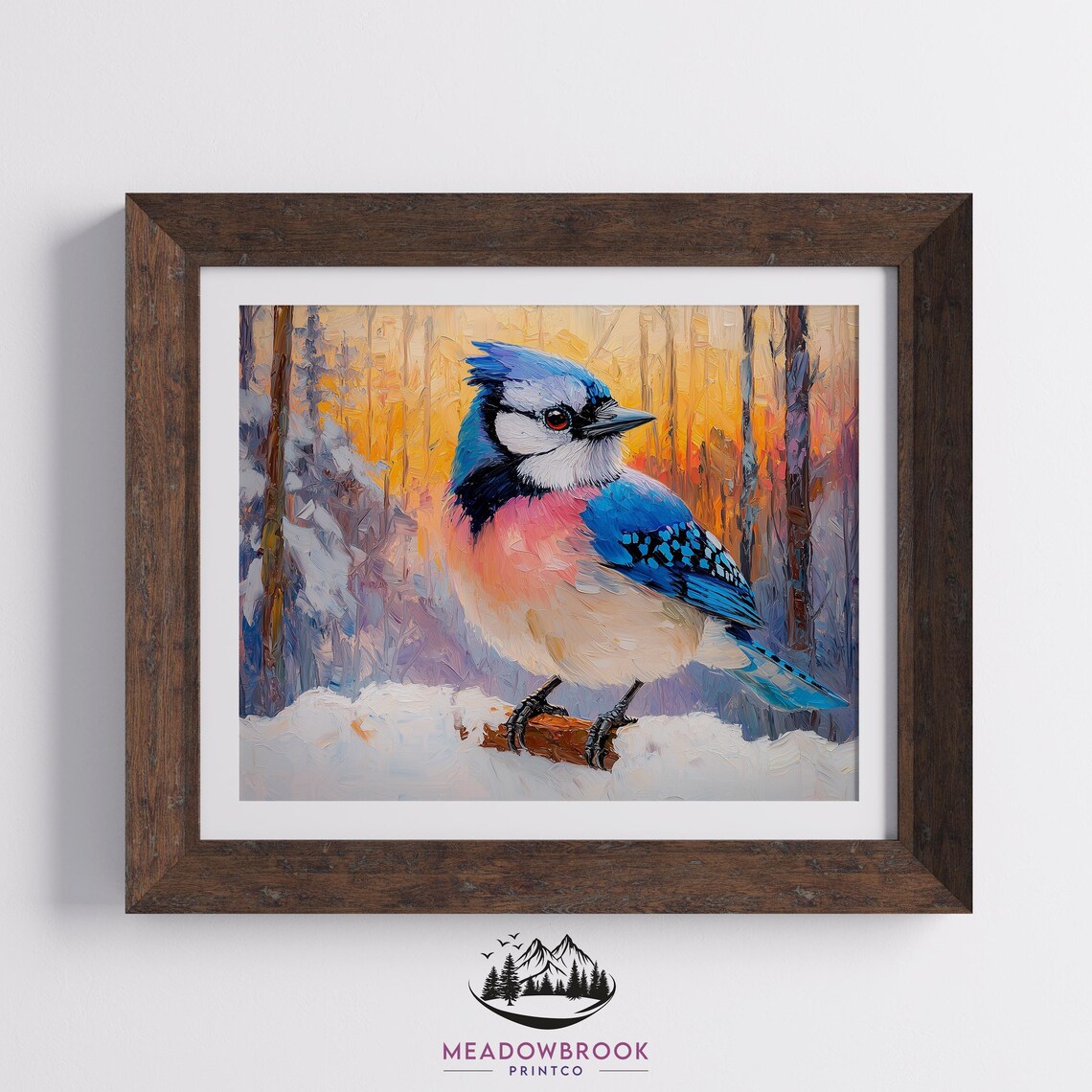 Blue Jay In Snow At Sunset Winter Impasto Oil Painting Bird Poster - Image 2