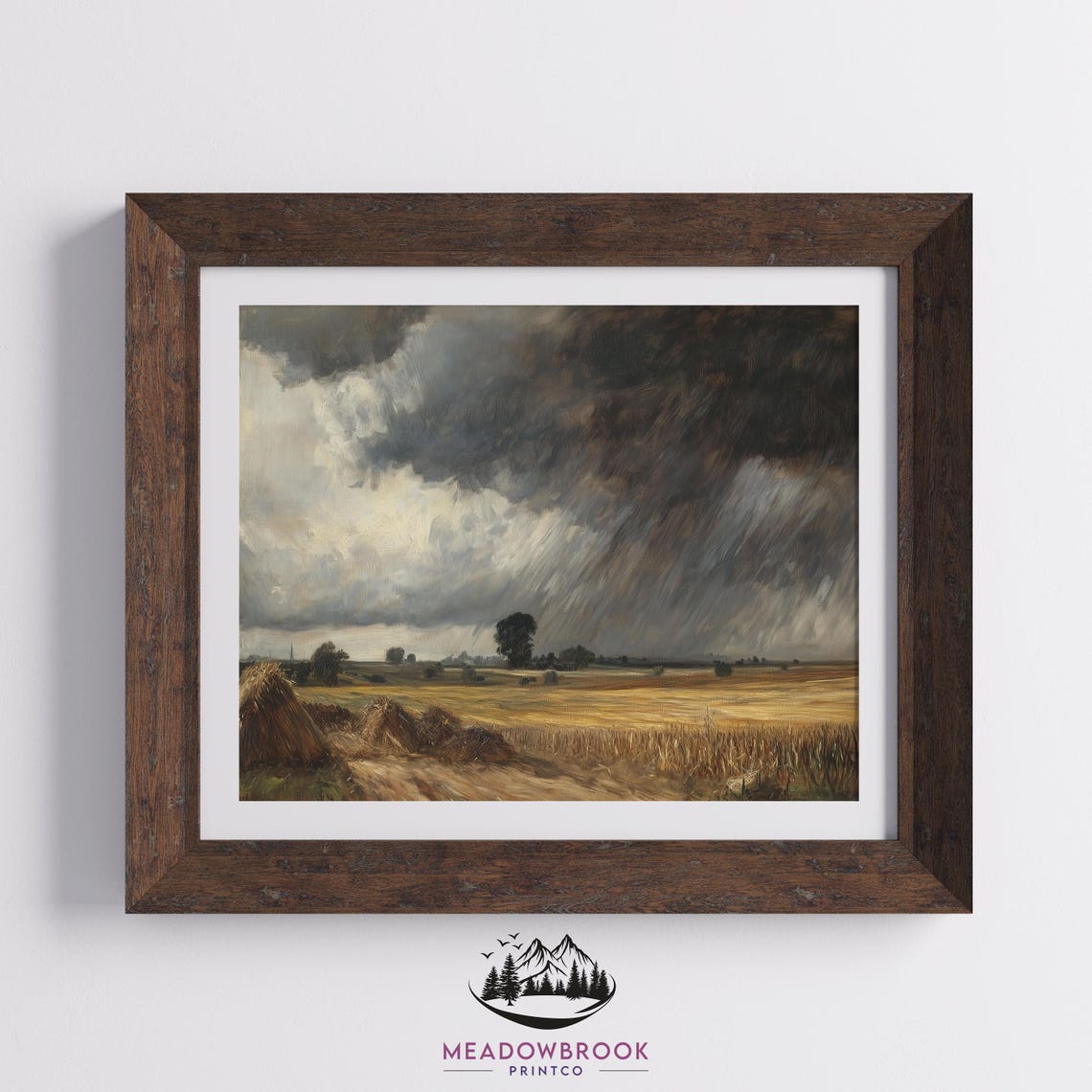 Dark Storm Clouds Over Golden Wheat Field With Haystacks Country Print - Image 2