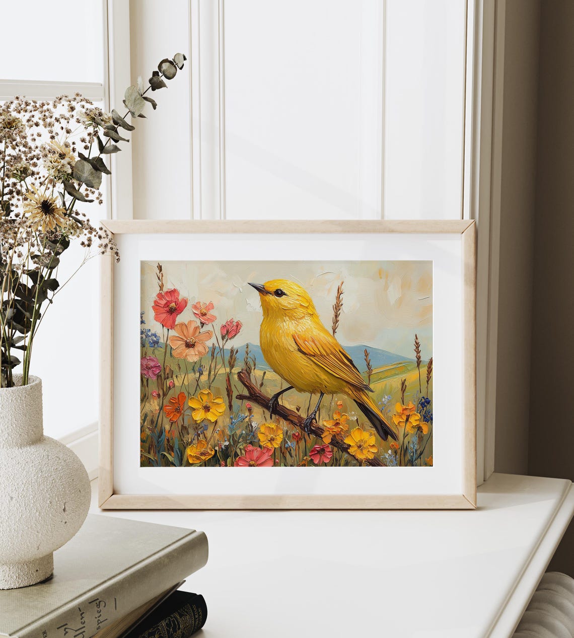 Yellow Warbler Bird in Meadow Wildflowers Rolling Hills Spring Poster - Image 3