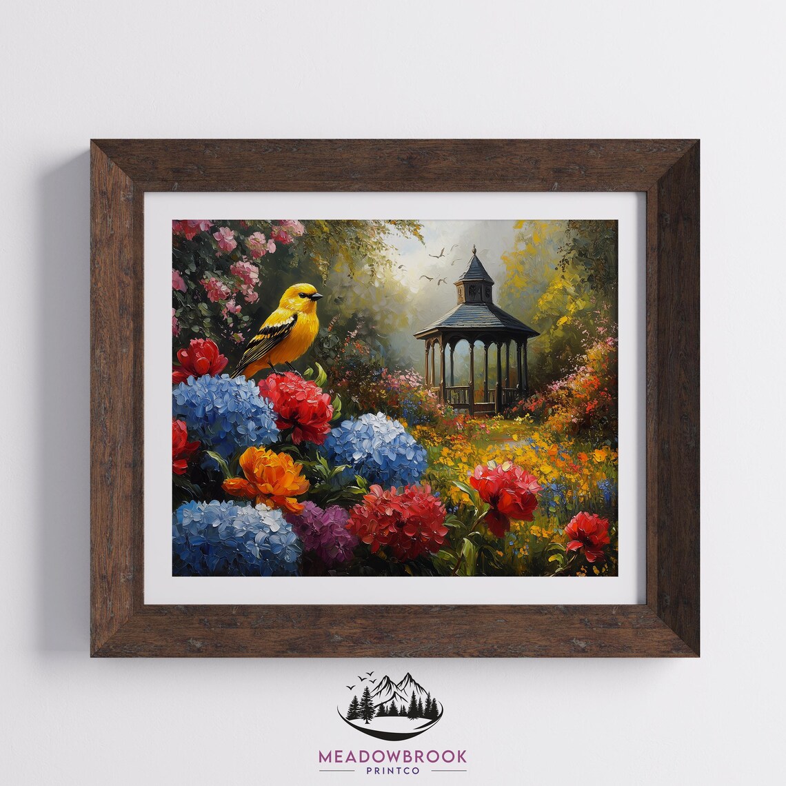 Golden Oriole Like Bird In Lush Hydrangea Garden With Gazebo Poster - Image 2