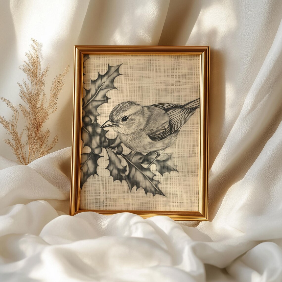 Songbird Among Holly Leaves Pencil Sketch Neutral Rustic Bird Poster - Image 2