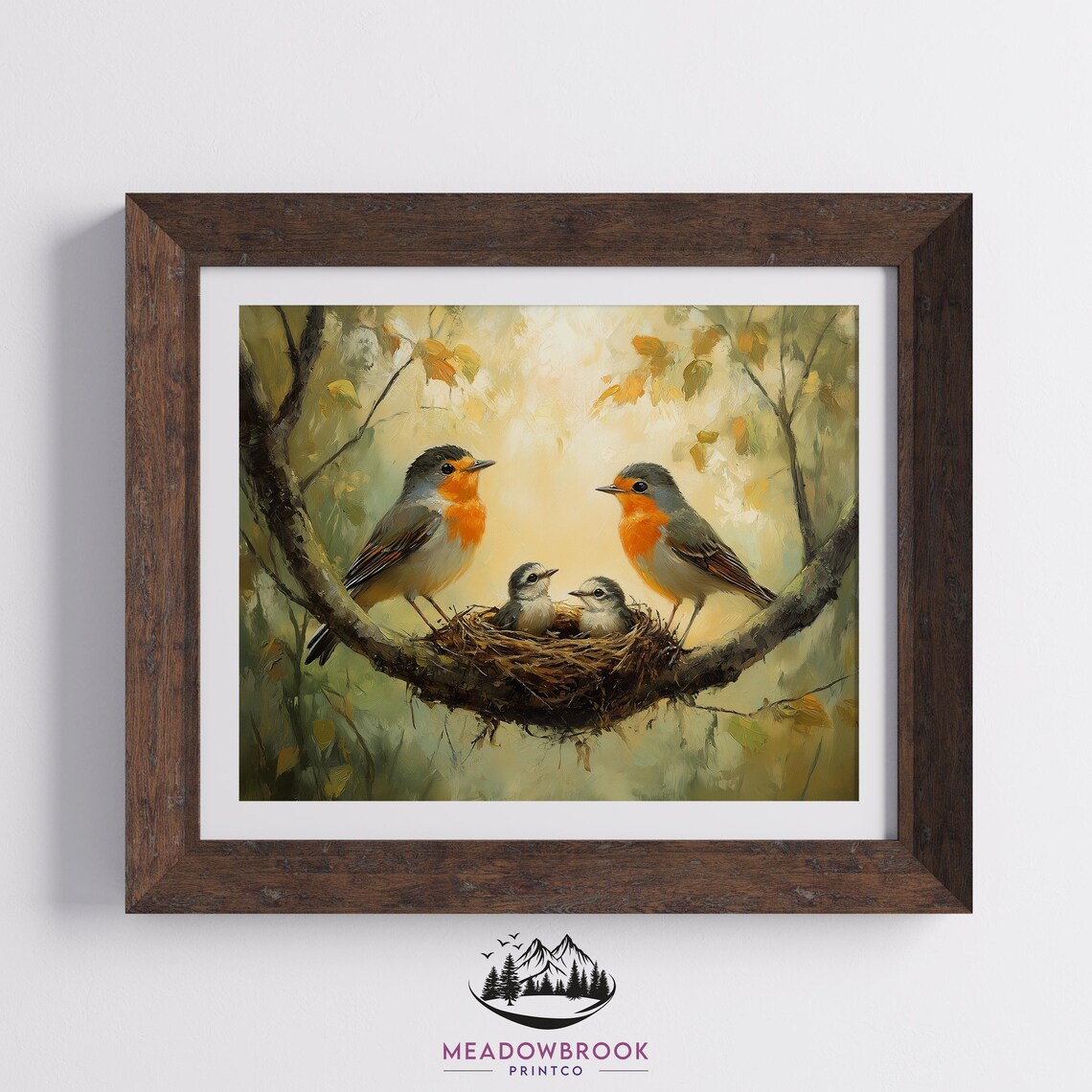 Robin Pair With Nest And Chicks Golden Autumn Bird Art Poster - Image 2