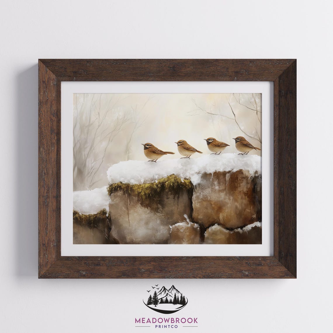 Four Sparrows On A Snowy Stone Wall Serene Winter Bird Art Poster - Image 2