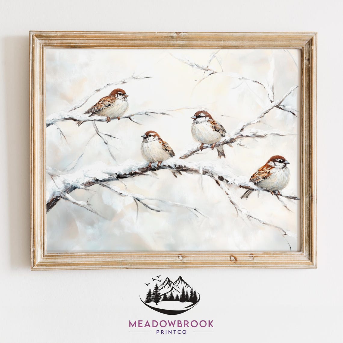 Four Sparrows On Snowy Winter Branches Vintage Bird Painting Print