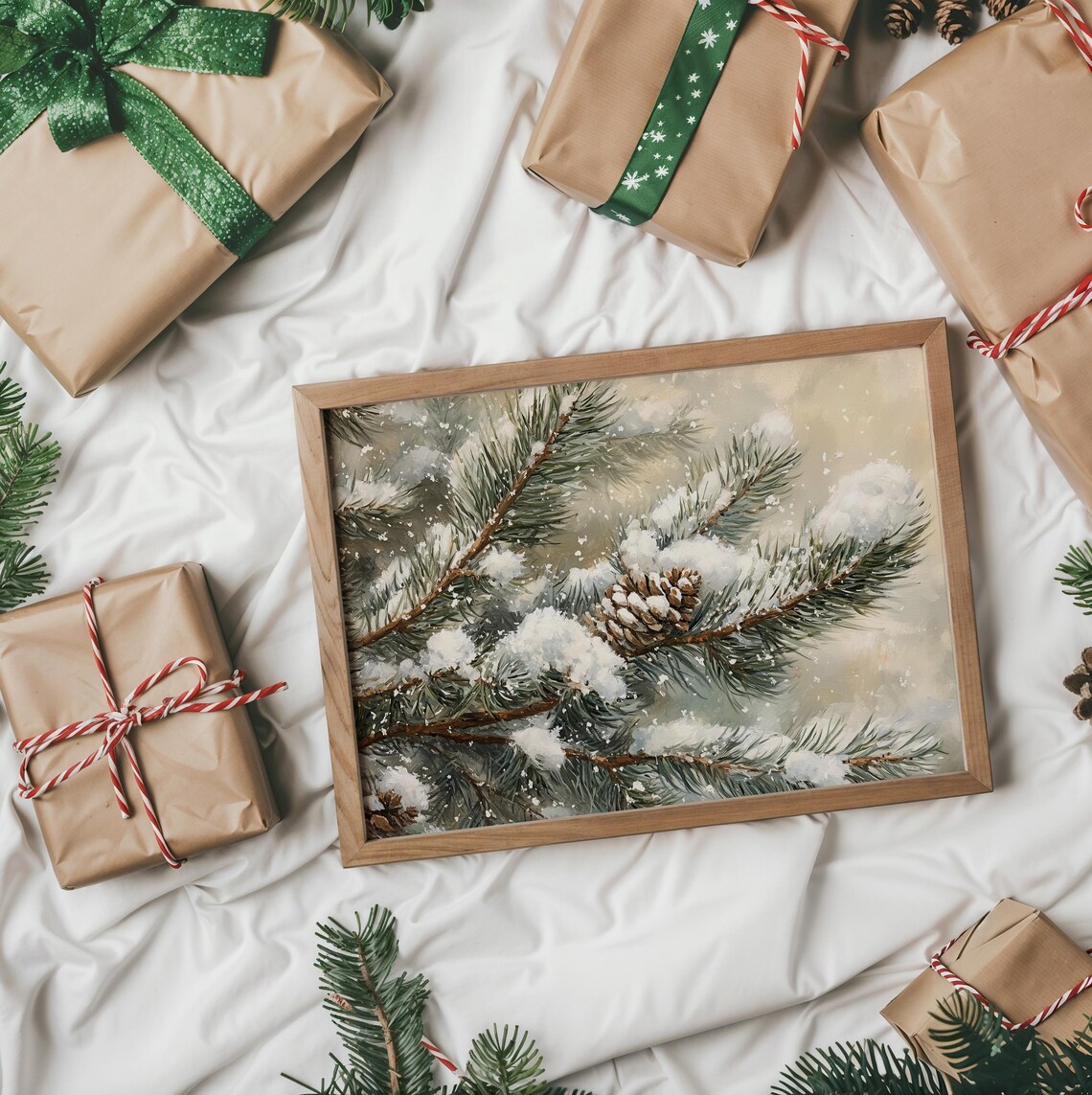 Snow Covered Pine Branches Close Up Vintage Winter Painting Print - Image 3
