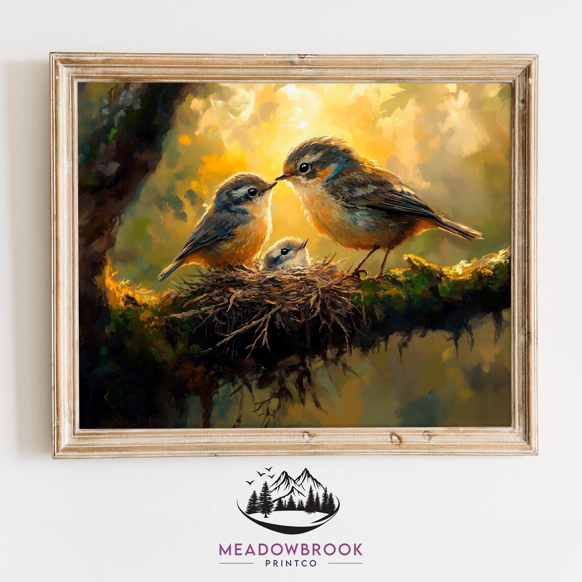 Parent Birds in a Cozy Nest, Vintage Christmas Art Print