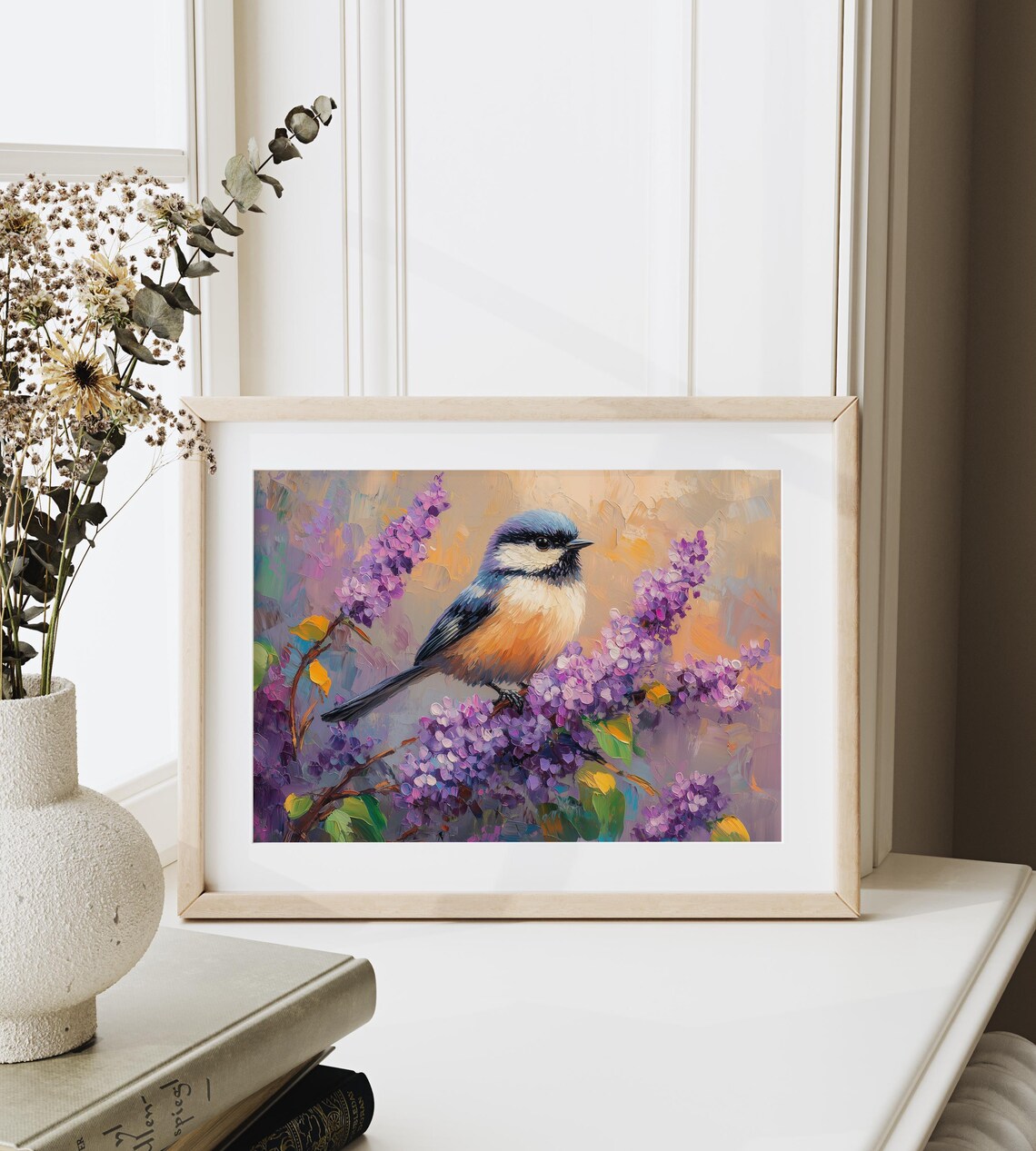 Blue Tit Bird on Purple Lilac Bush in Warm Golden Spring Light Poster - Image 3