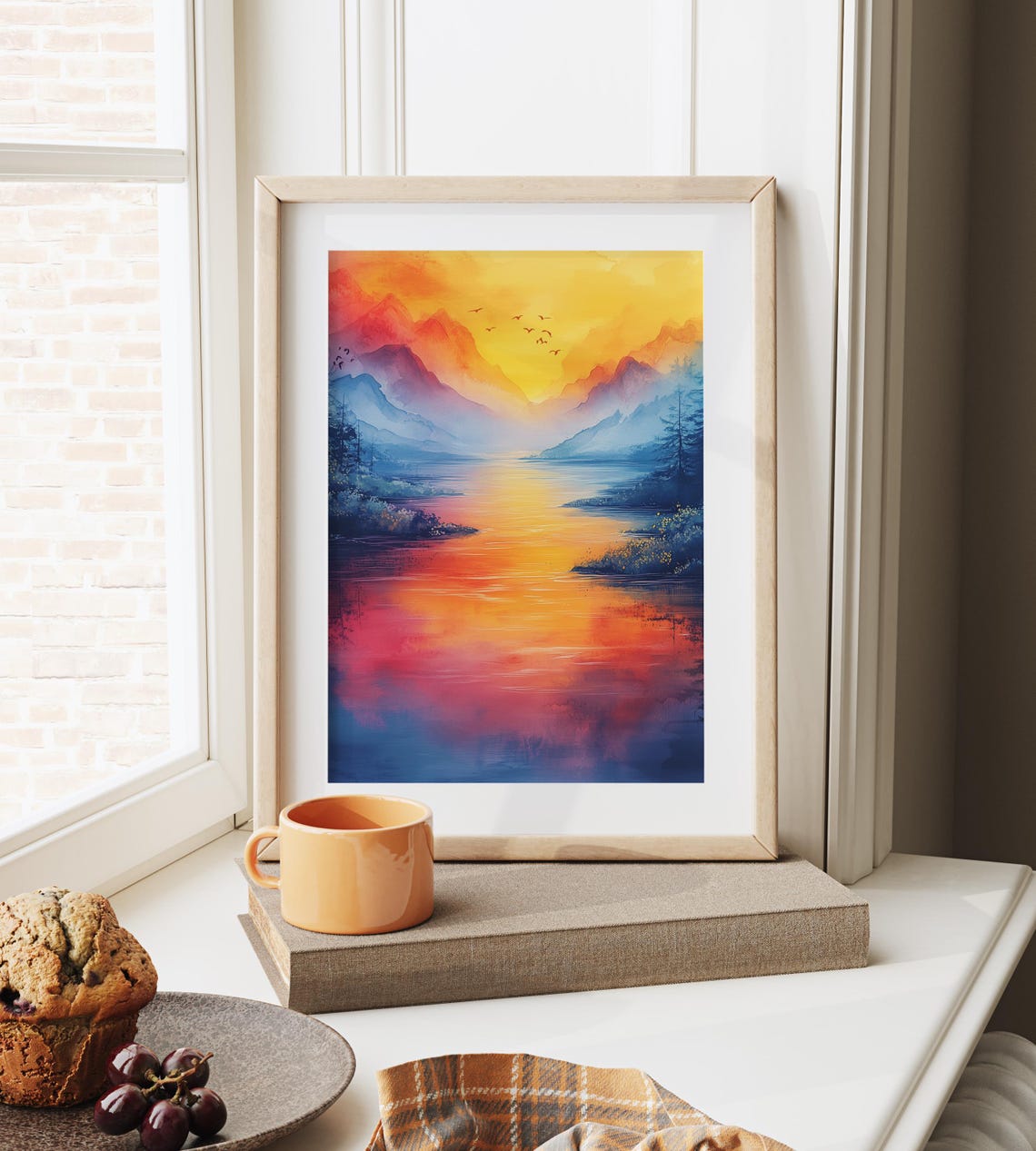 Golden Sunset Over Mountain River Vibrant Pink Orange Watercolor Print - Image 3