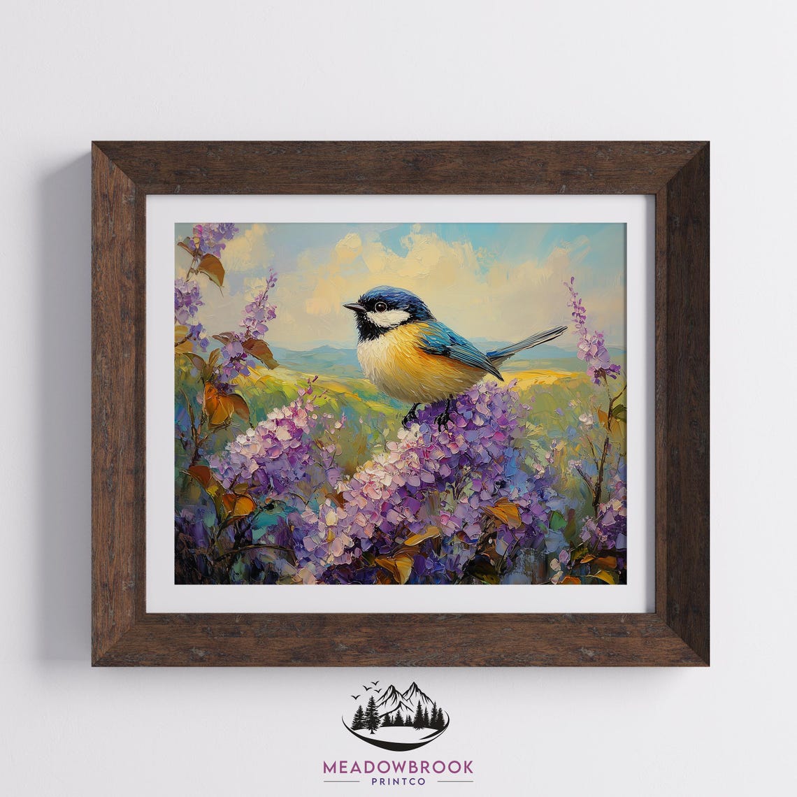 Blue Tit Bird on Purple Lilac Blossoms Sunny Spring Hillside Poster - Image 2