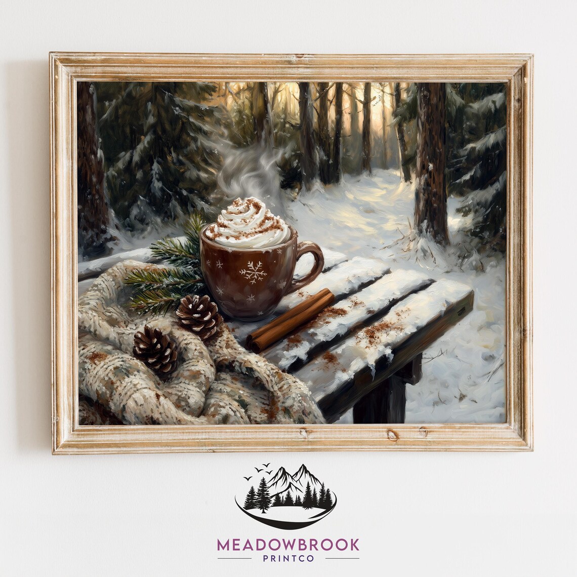 Hot Cocoa With Whipped Cream On Snowy Forest Bench Painting Print