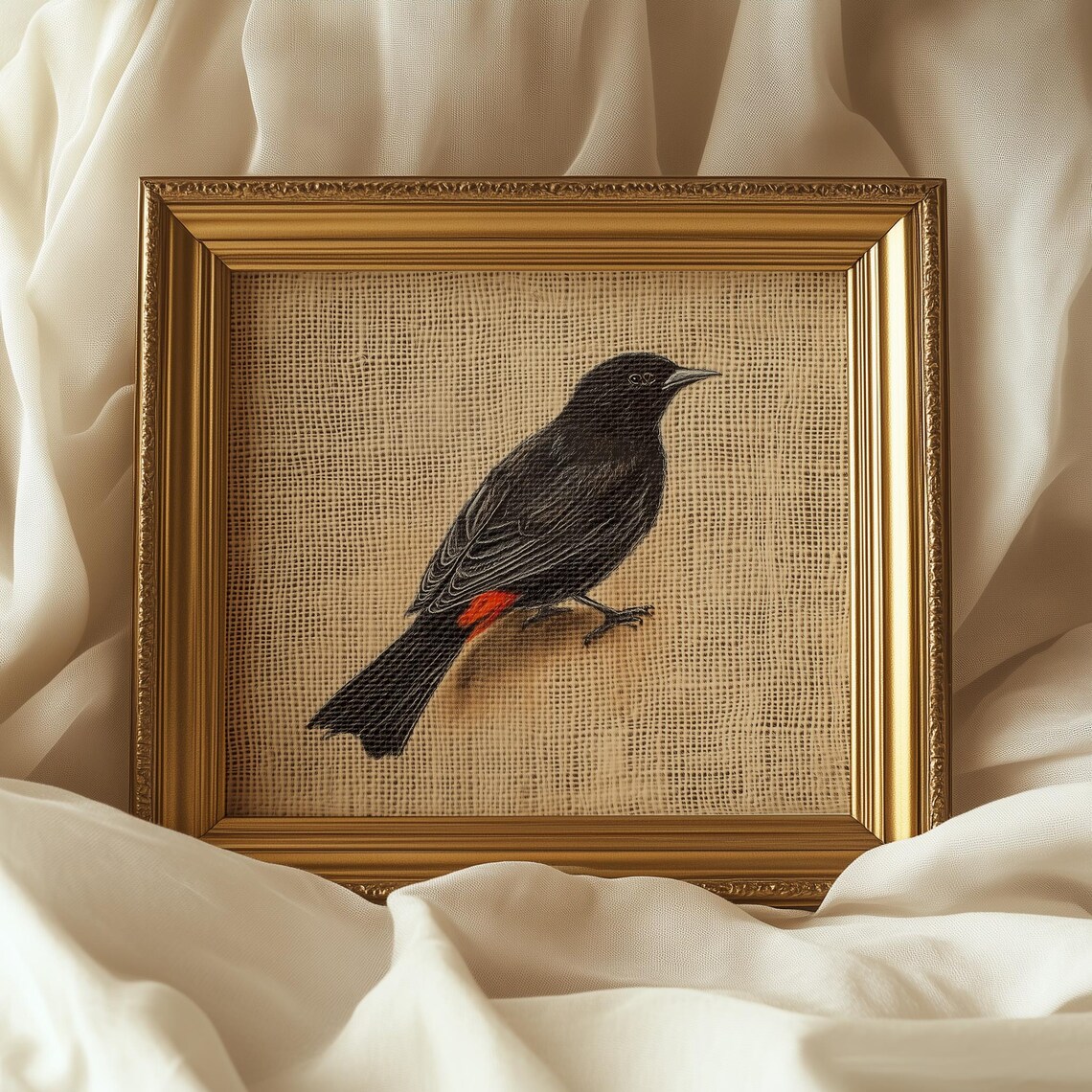 Red Winged Blackbird On Burlap Rustic Bird Art Print Vintage Poster - Image 2