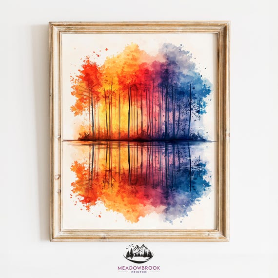 Golden Forest Reflections Vibrant Watercolor Wall Art Rustic Landscape Decor Earthy Cottagecore Nature 916