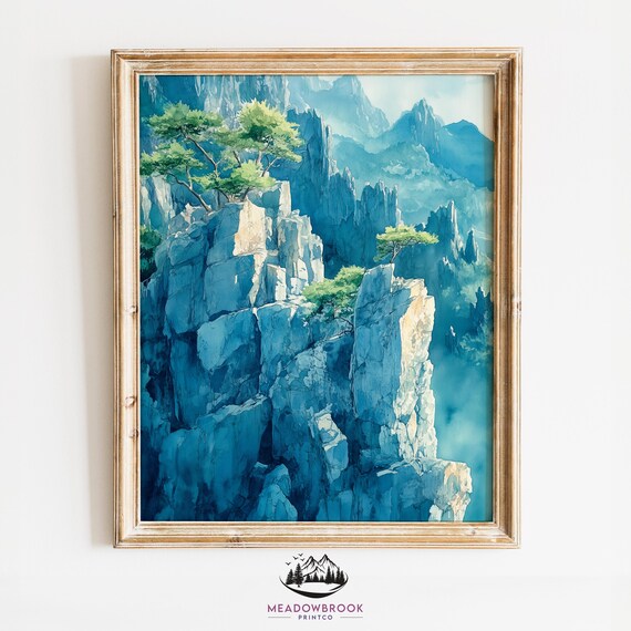 Mountain Cliffs And Blue Sky Rustic Watercolor Wall Art Earthy Nature Scene Cottagecore Decor Vibrant Landscape 953
