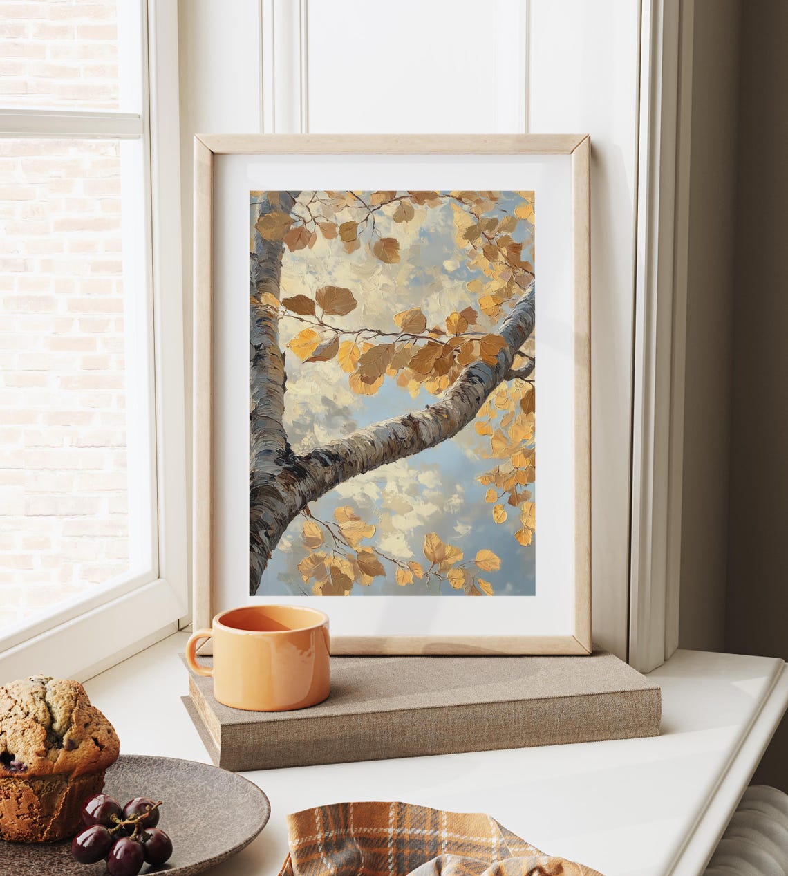 Golden Autumn Birch Branches Against Soft Blue Sky Nature Wall Art - Image 3