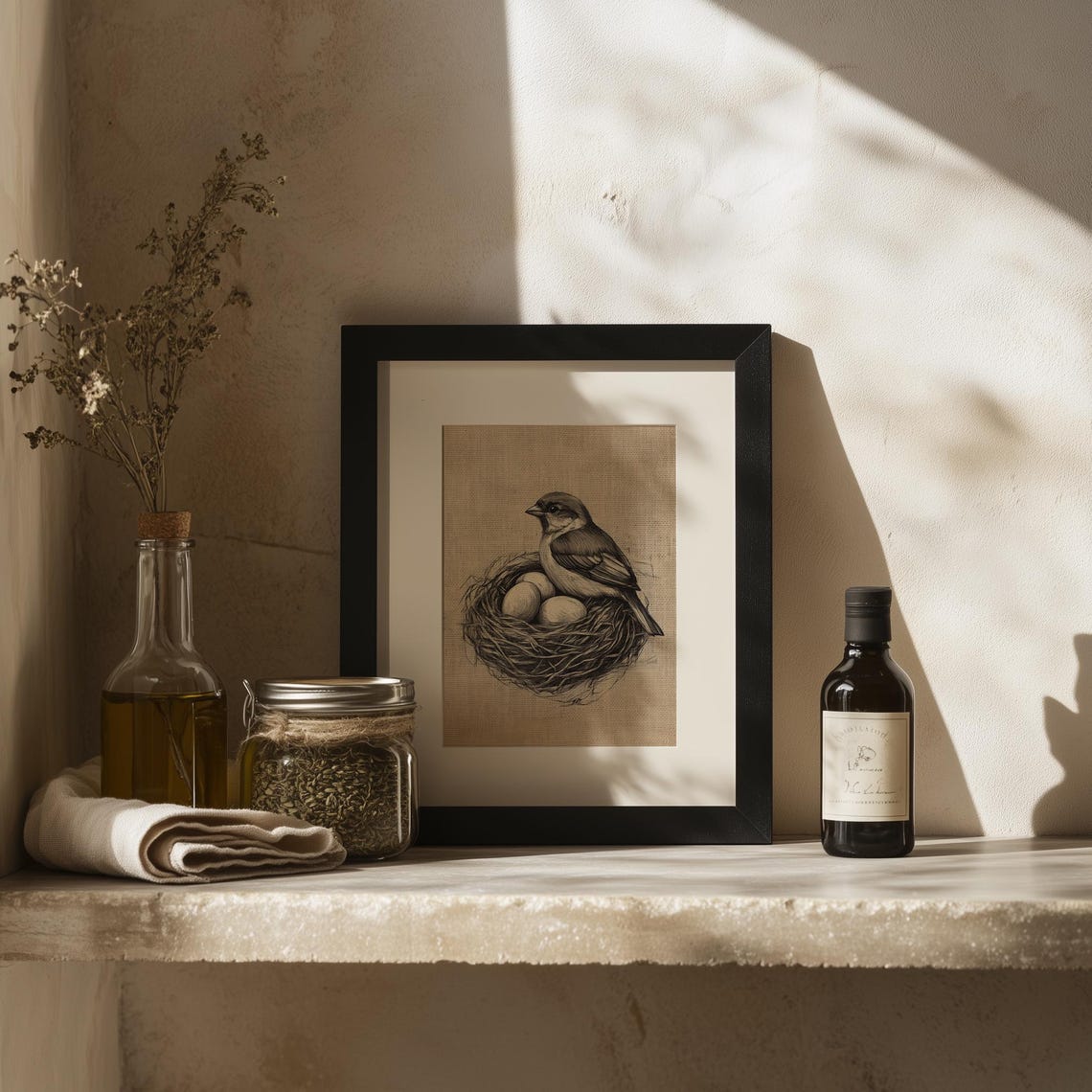 Sparrow On Nest With Eggs Pencil Sketch Rustic Bird Art Print Poster - Image 2