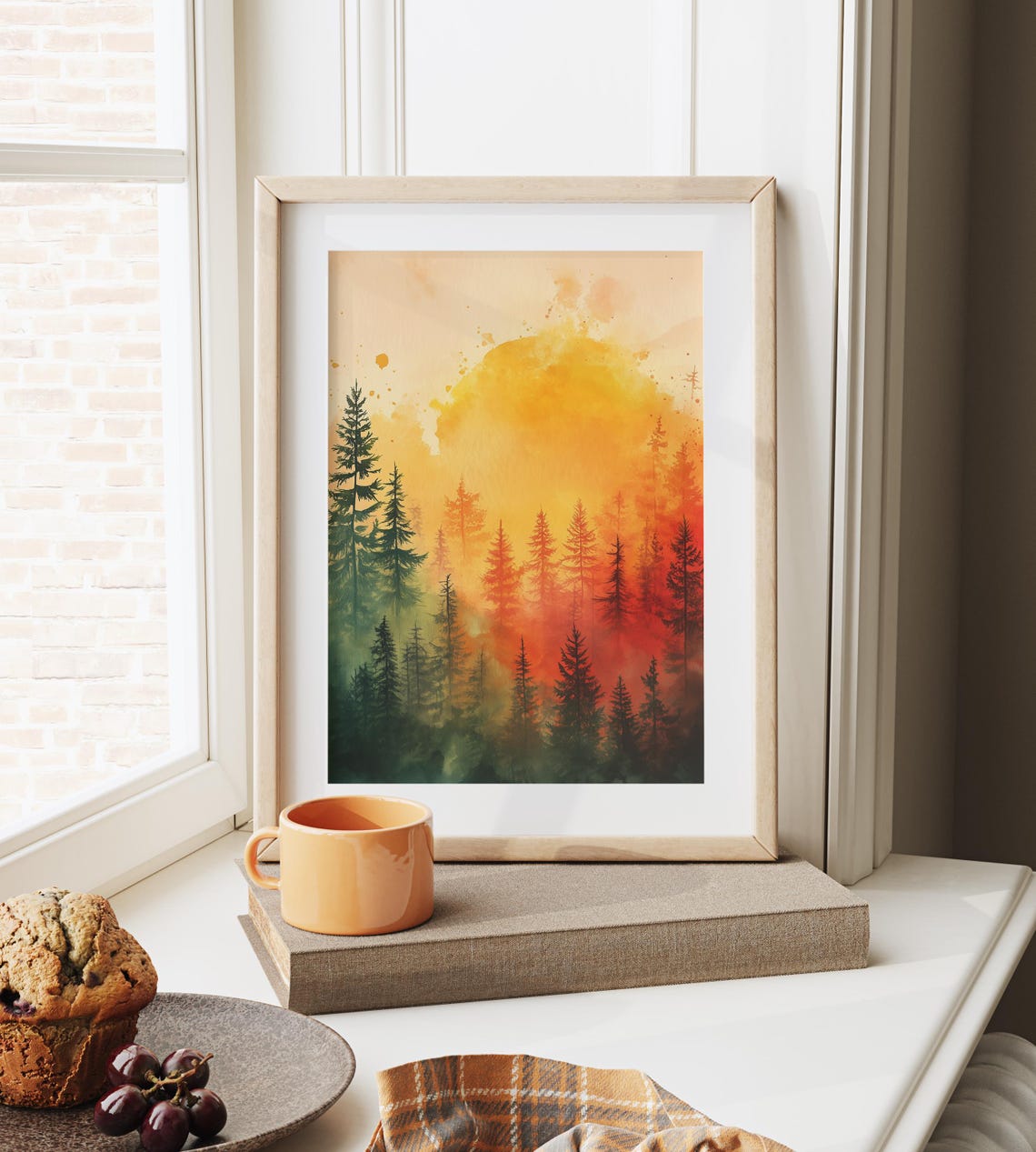 Golden Sunset Pine Forest Glow Warm Watercolor Autumn Art Poster - Image 3