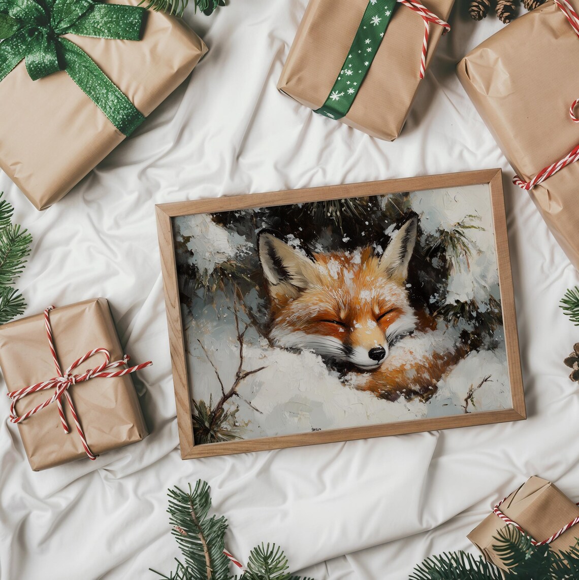 Sleeping Red Fox In Snowy Winter Forest Wildlife Painting Print - Image 3