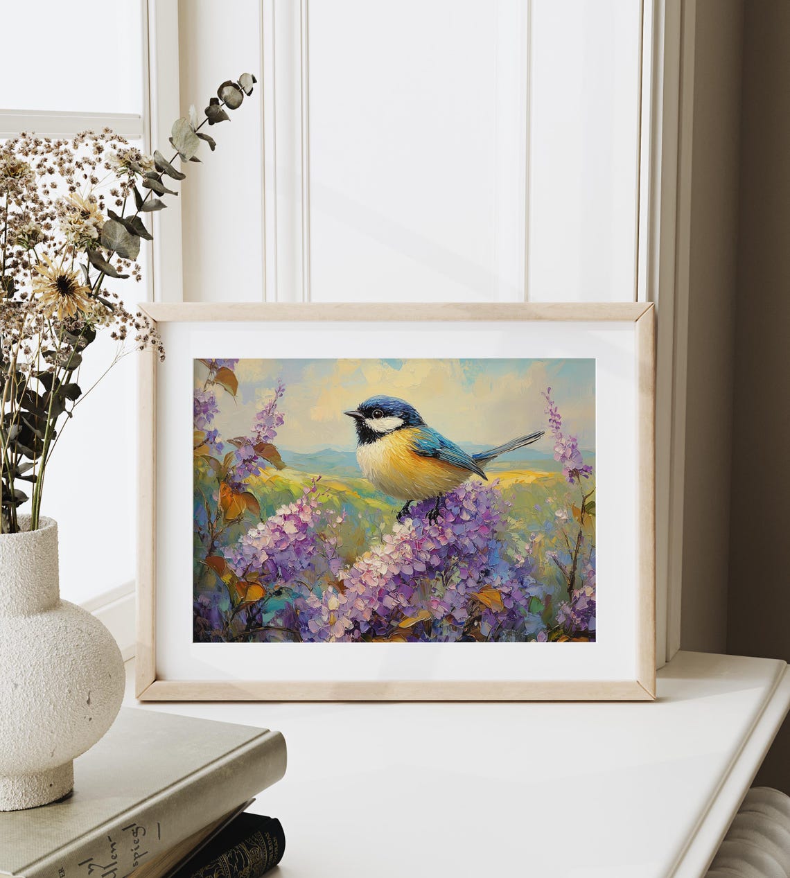 Blue Tit Bird on Purple Lilac Blossoms Sunny Spring Hillside Poster - Image 3