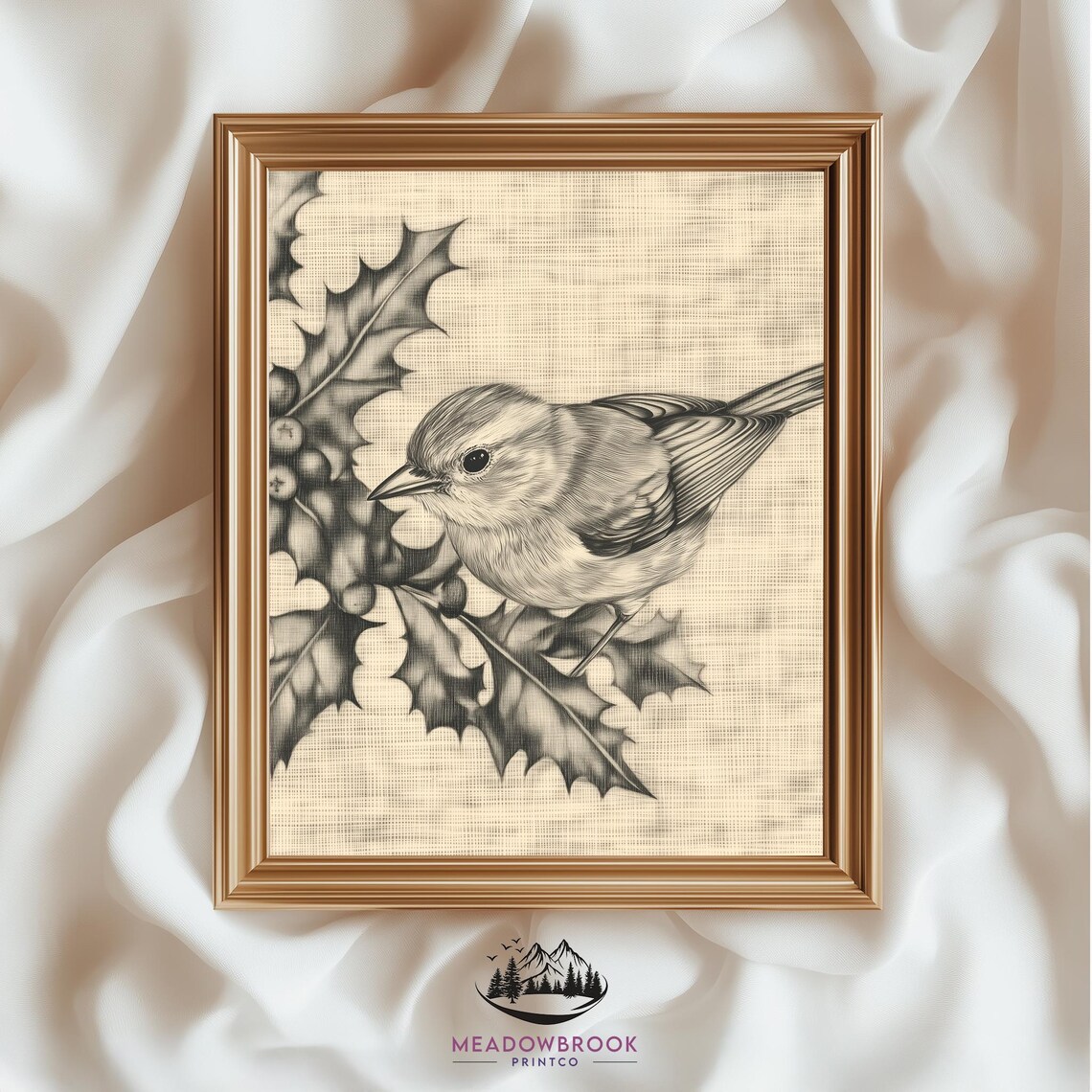 Songbird Among Holly Leaves Pencil Sketch Neutral Rustic Bird Poster
