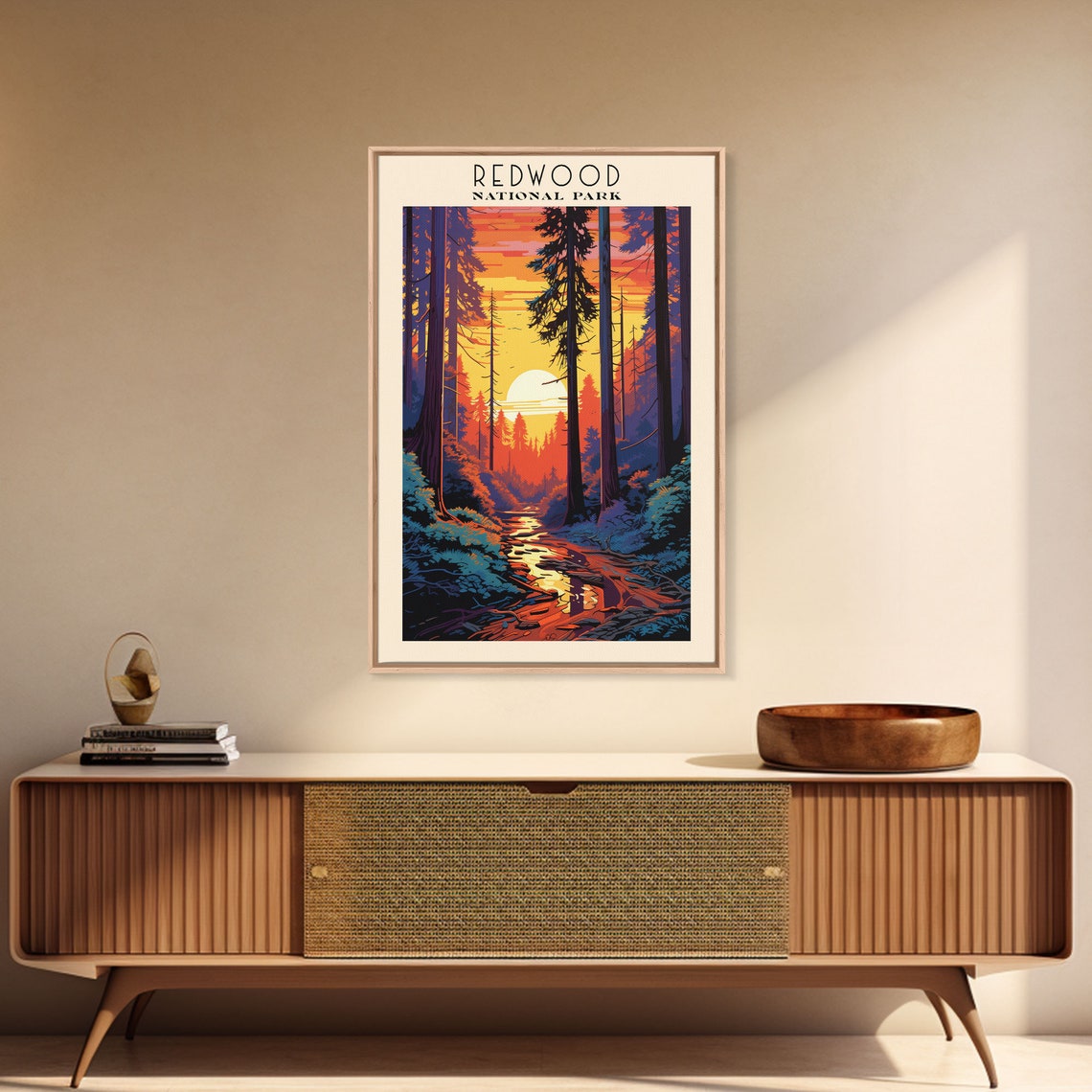 Redwood National Park Sunset Through Tall Redwoods Travel Poster