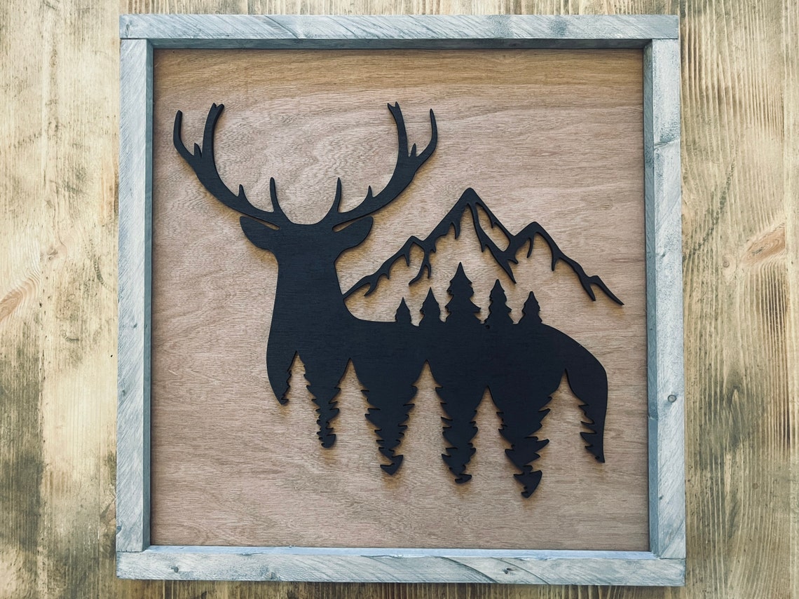 Deer Stag Silhouette Pine Trees Mountain Rustic Wildlife Poster