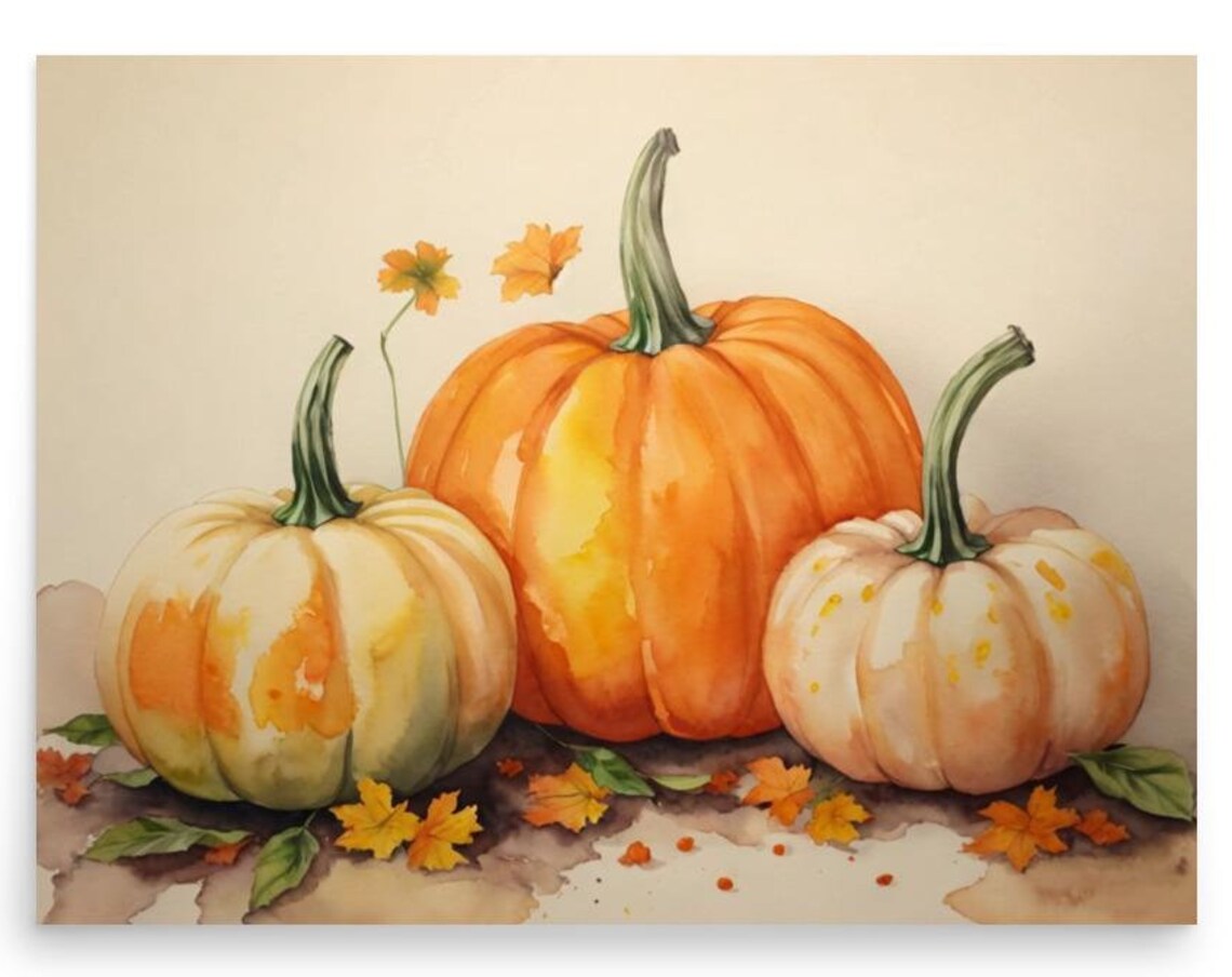 Pumpkins With Autumn Leaves Watercolor Fall Still Life Kitchen Poster
