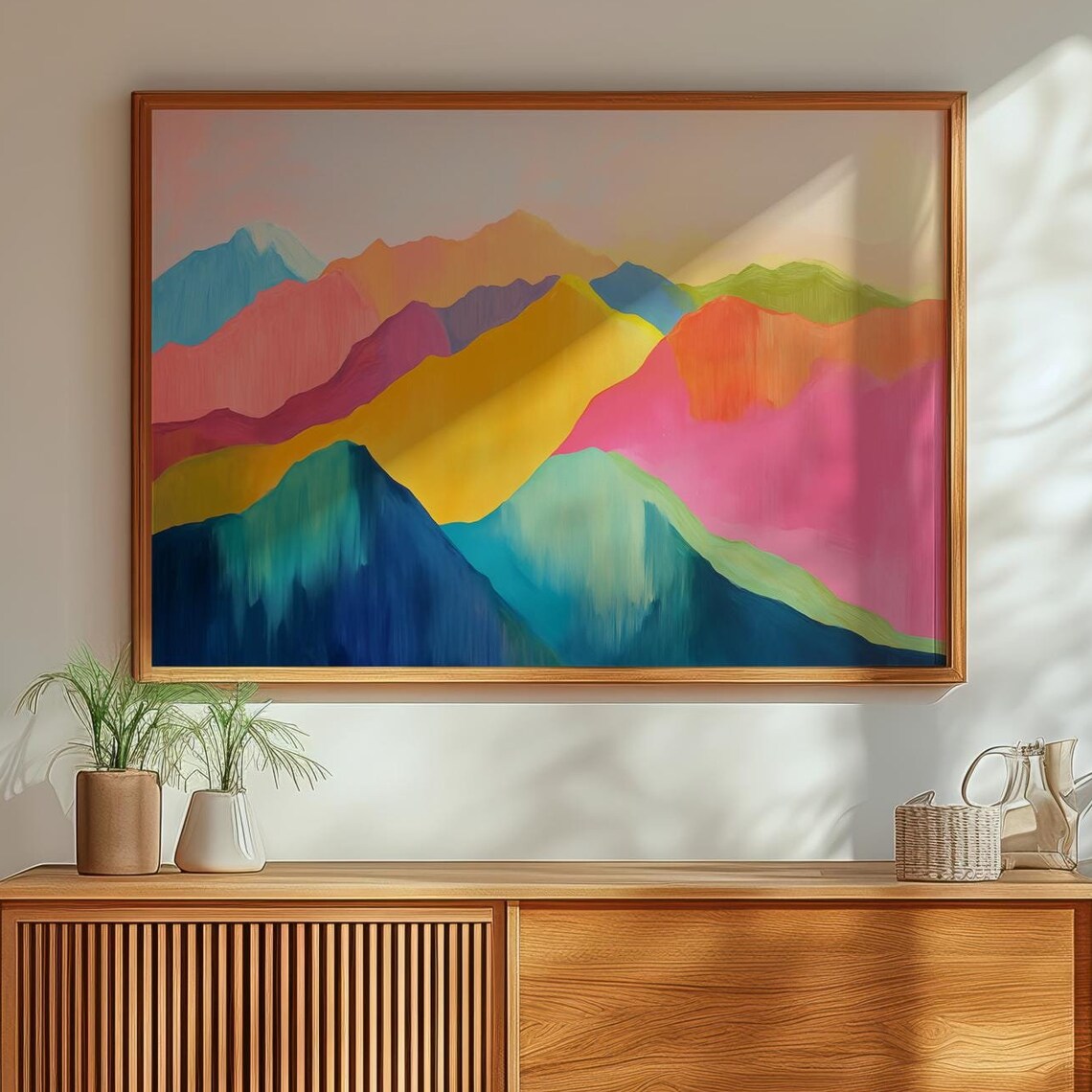 Colourful Layered Mountain Painting Vibrant Fauvist Peaks Poster