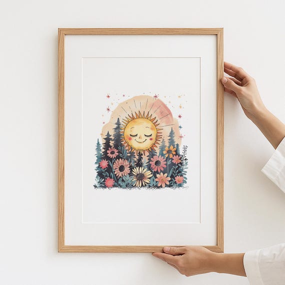 Boho Sun Wall Art Print Watercolor Forest Landscape Nursery Decor