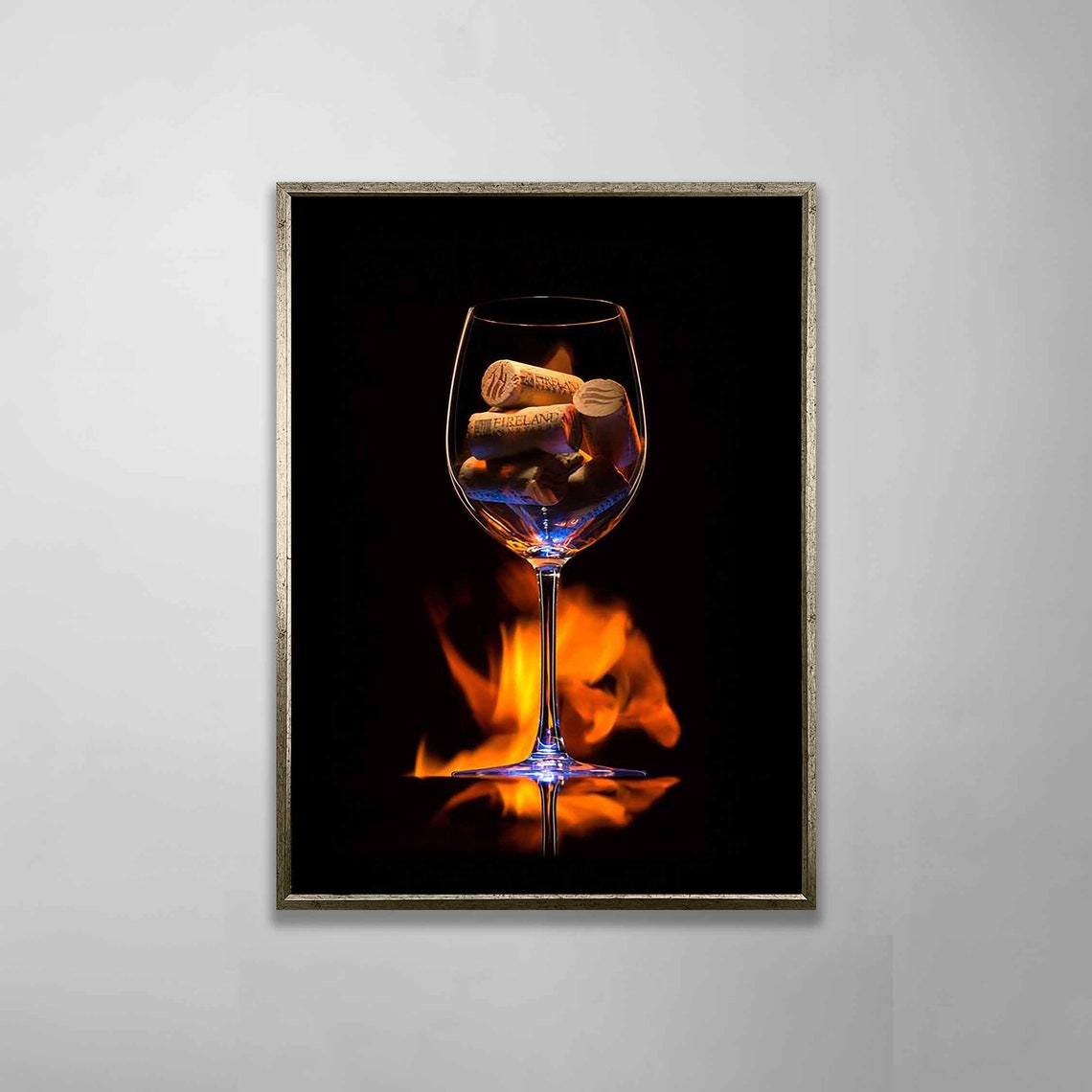 Wine Glass Filled With Corks Over Flames Dramatic Photo Art Poster - Image 2