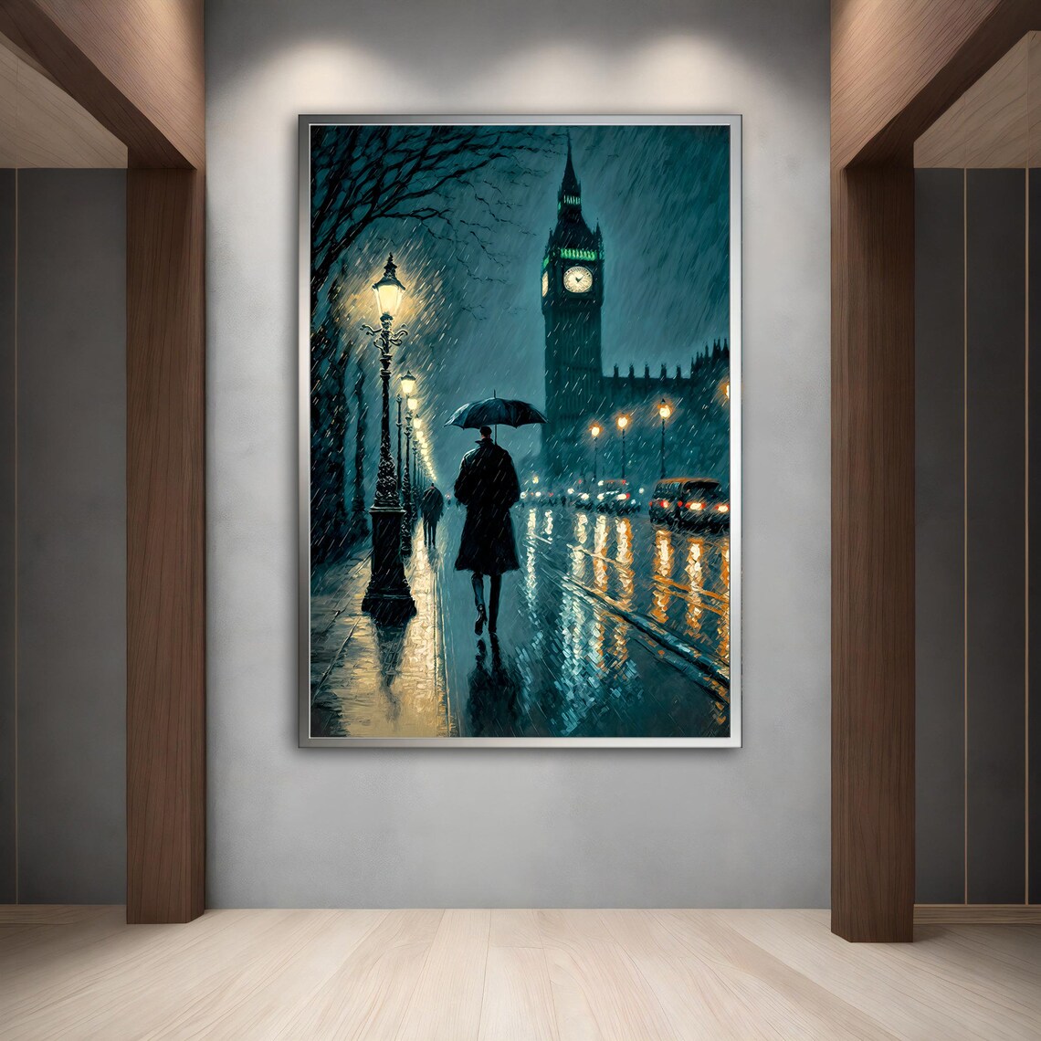 Big Ben London Rainy Night Umbrella Street Lamps Moody Travel Poster - Image 4