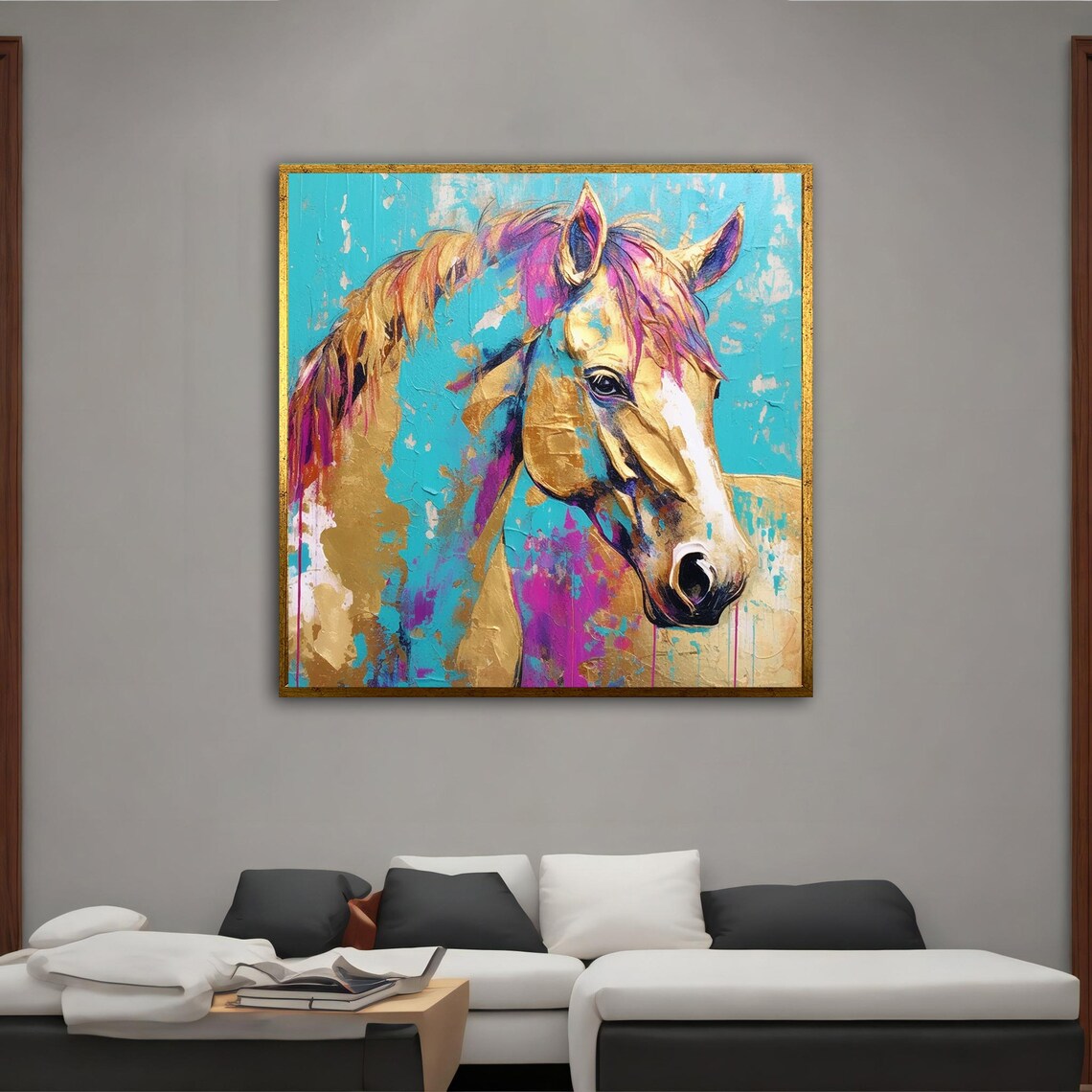 Abstract Horse Head Turquoise Gold Pink Modern Equine Art Poster - Image 2