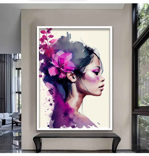 Purple Watercolor Woman Profile Pink Orchid Floral Art Wall Poster
