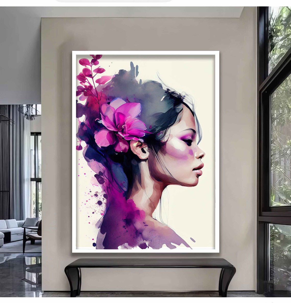 Purple Watercolor Woman Profile Pink Orchid Floral Art Wall Poster