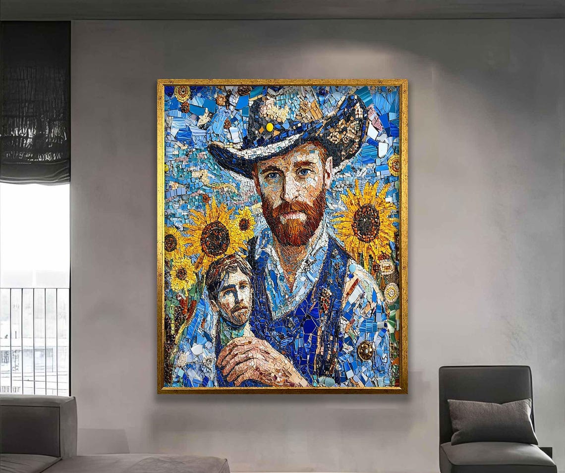 Van Gogh Mosaic Portrait Sunflowers Blue Tile Art Wall Poster - Image 2