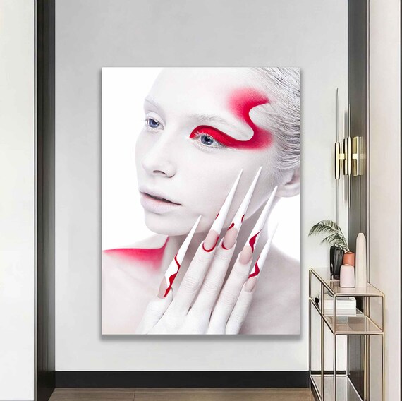 White Face Red Eye Makeup Artistic Woman Portrait Nail Art Poster