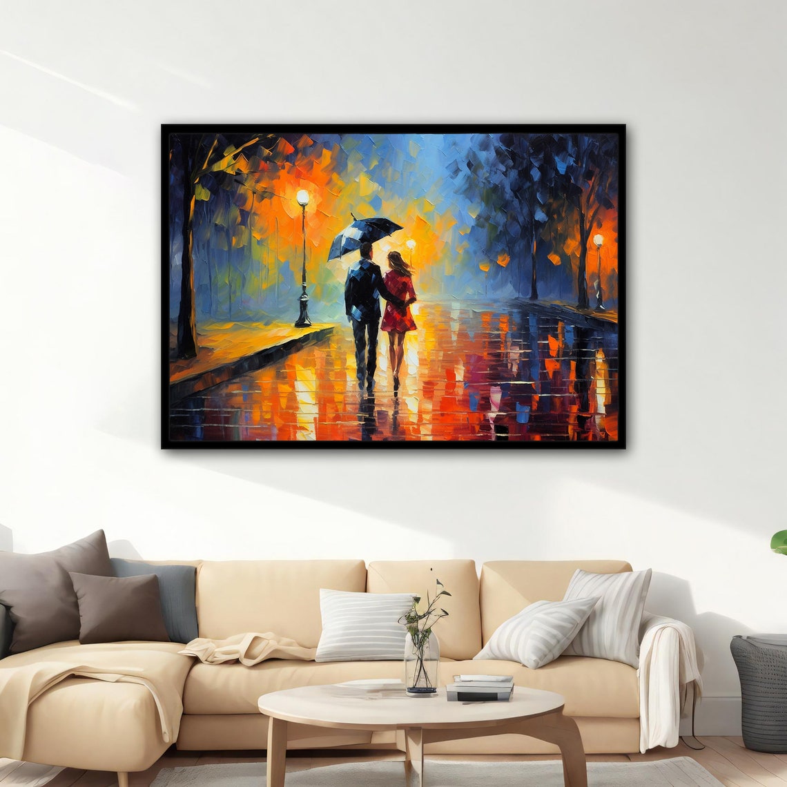 Couple Under Umbrella Rainy Night Street Impressionist Art Poster - Image 2