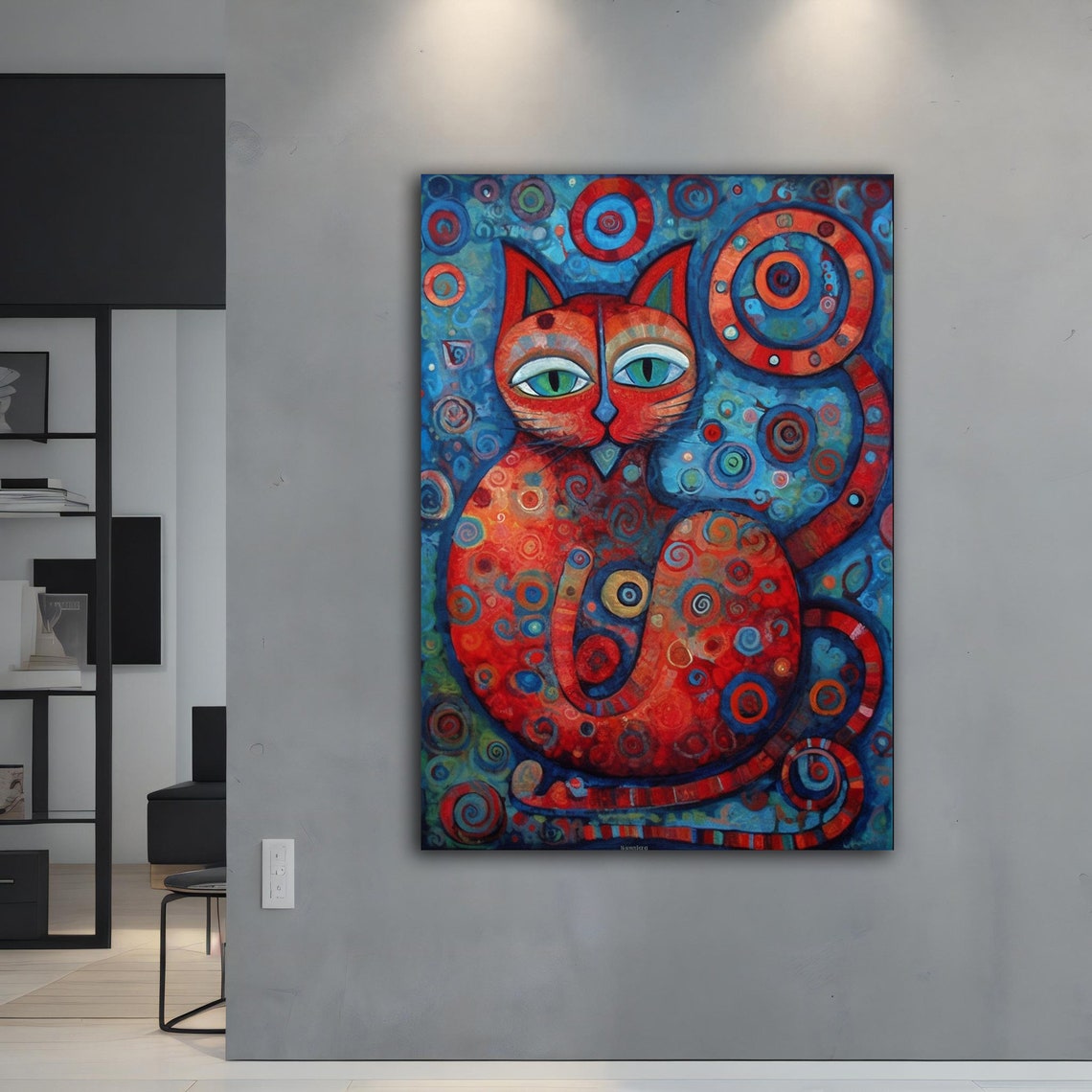 Red Cat Green Eyes Whimsical Blue Swirl Animal Wall Art Poster - Image 5